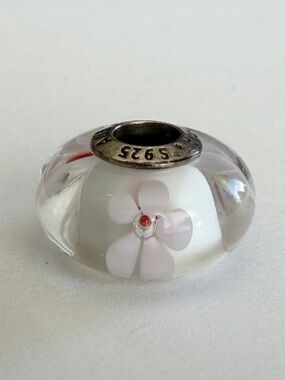 Pandora ALE S925 White Flower Murano Glass Charm Sterling Silver Bead